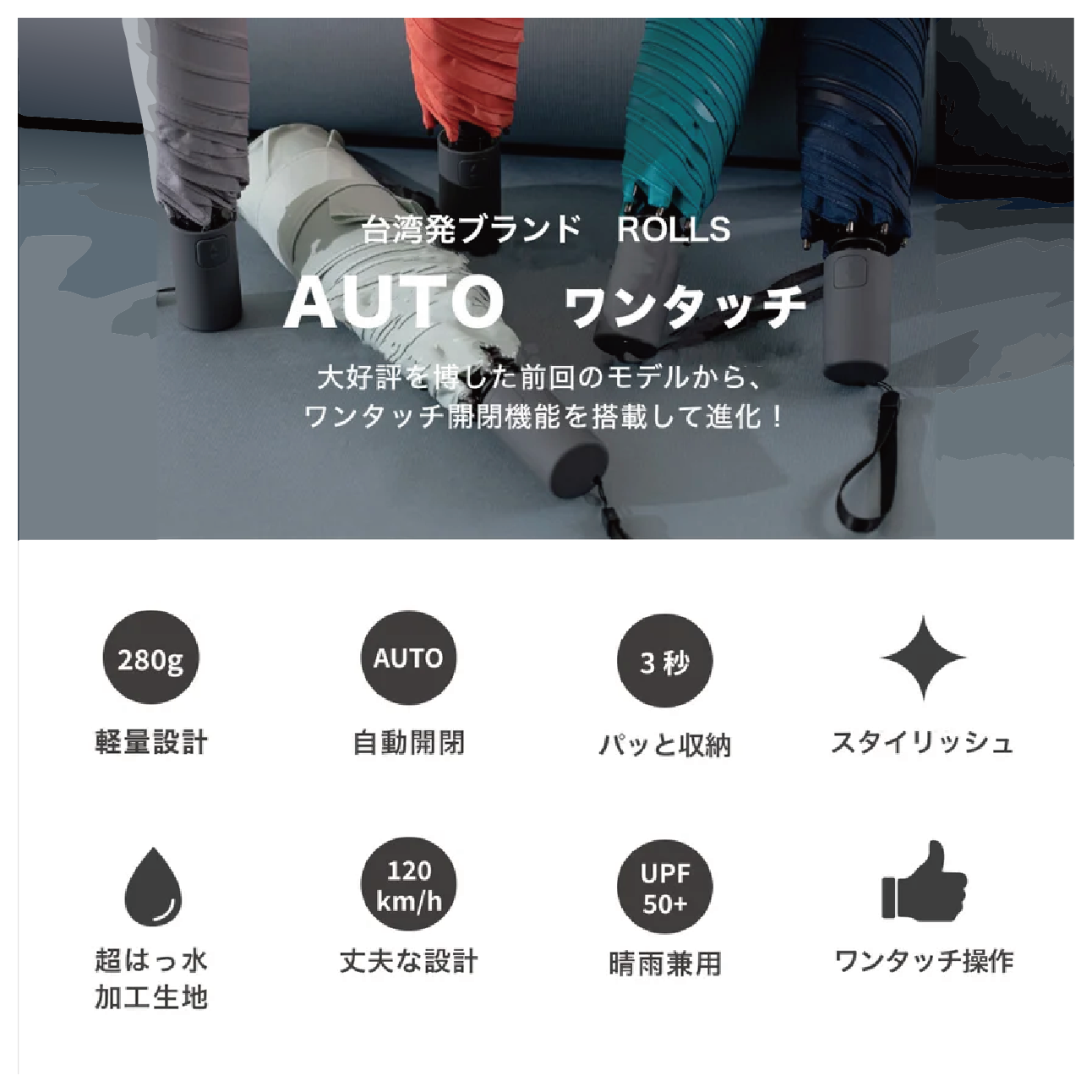 【AUTO】ワンクリック自動開閉 3秒で折りたためる 形状記憶 晴雨兼用 UNISEX ナノ超撥水加工(2カラー)