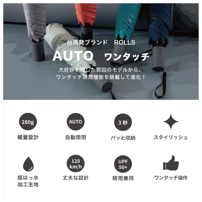 【AUTO】ワンクリック自動開閉　3秒で折りたためる　形状記憶　晴雨兼用　UNISEX　ナノ超撥水加工（2カラー）
