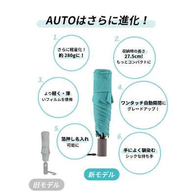【AUTO】ワンクリック自動開閉　3秒で折りたためる　形状記憶　晴雨兼用　UNISEX　ナノ超撥水加工（2カラー）
